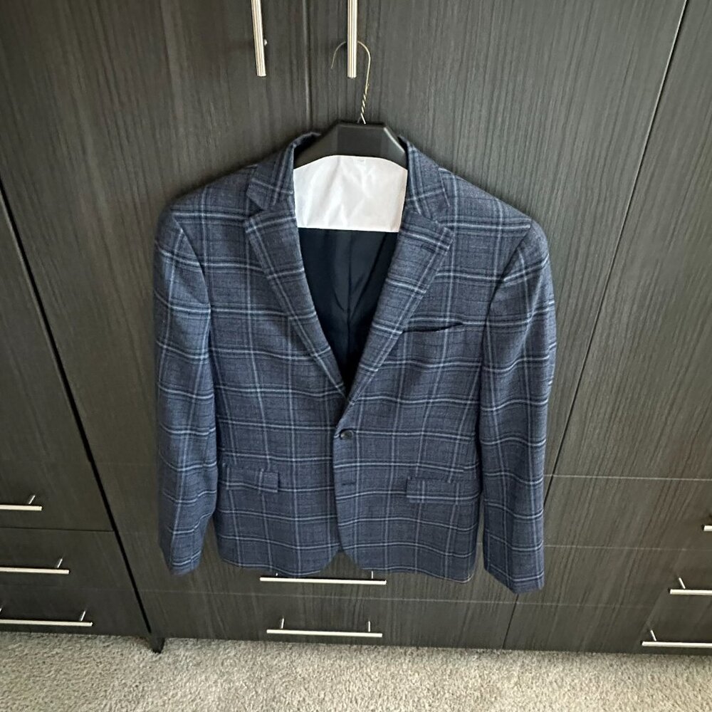 Kenneth Cole Awearness Blue Plaid Wool Blend Slim Fit Sport Coat 40R (Fits 38R)